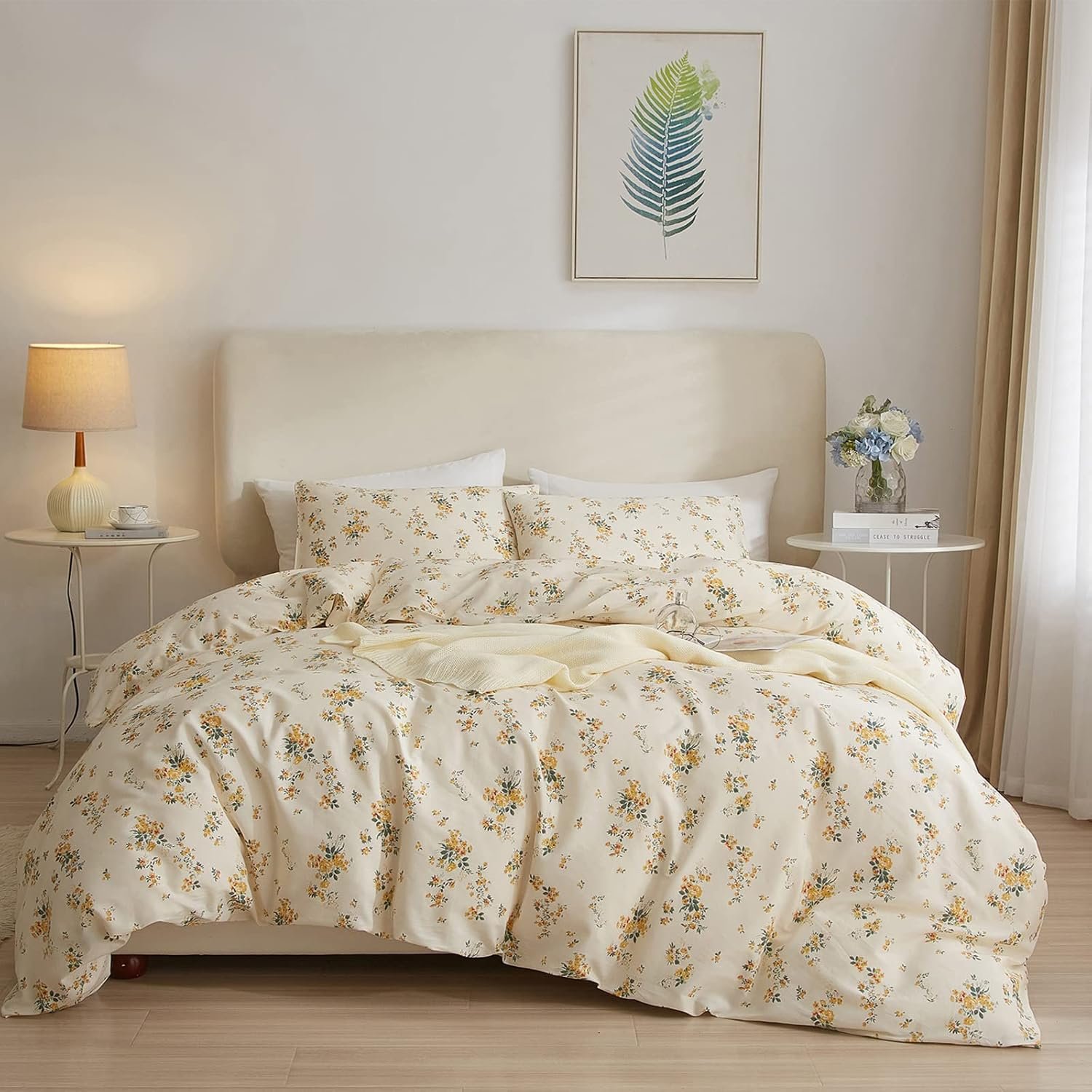 Yellow Botanical Floral Duvet Cover Queen - Soft Cotton, Reversible 3pc Set