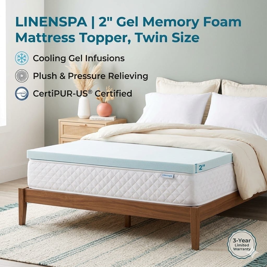 Linenspa 2-Inch Gel Infused Memory Foam Mattress Topper - Cooling & Pressure Relieving (Twin)
